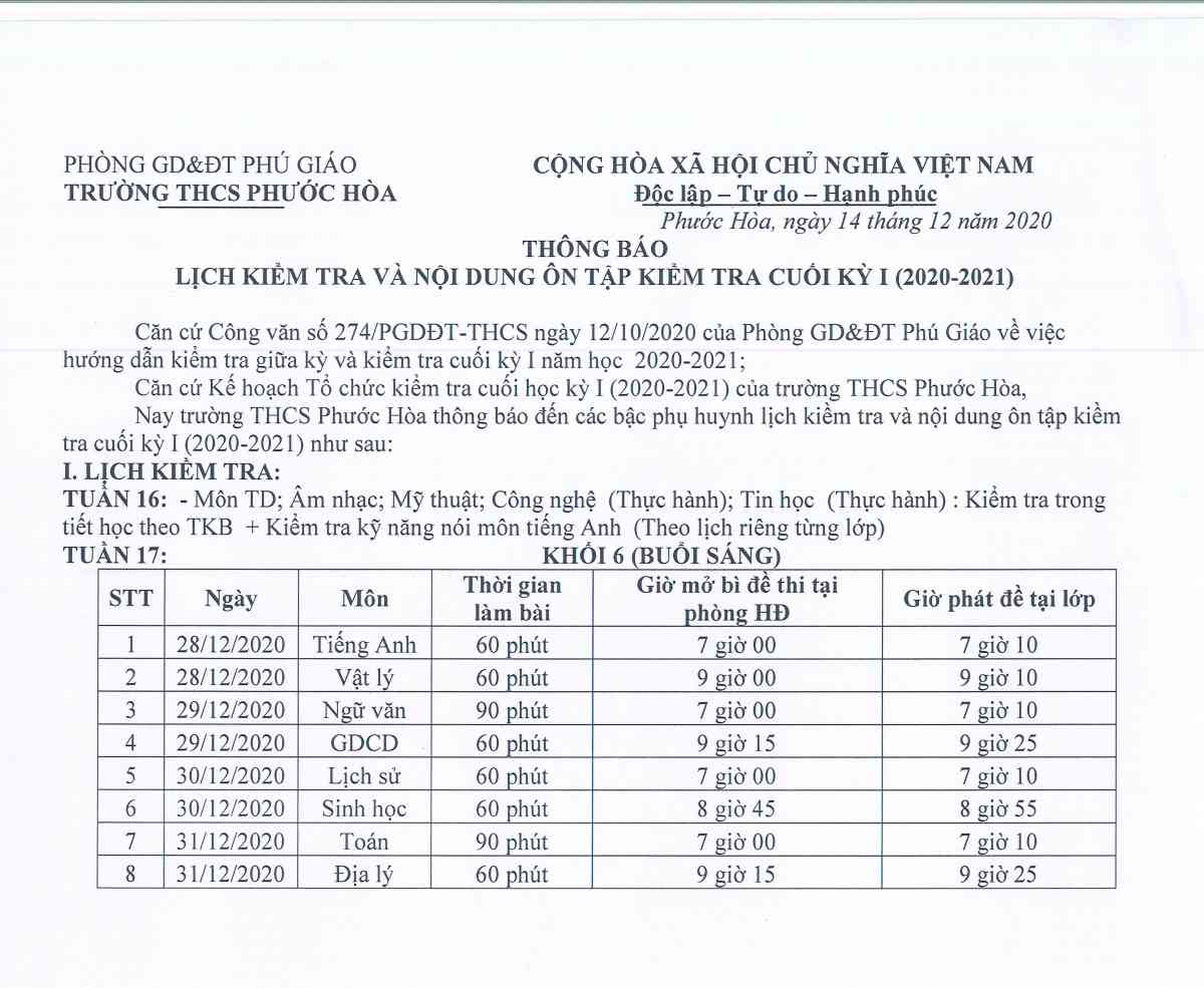 Lịch thi HK1 khối 61