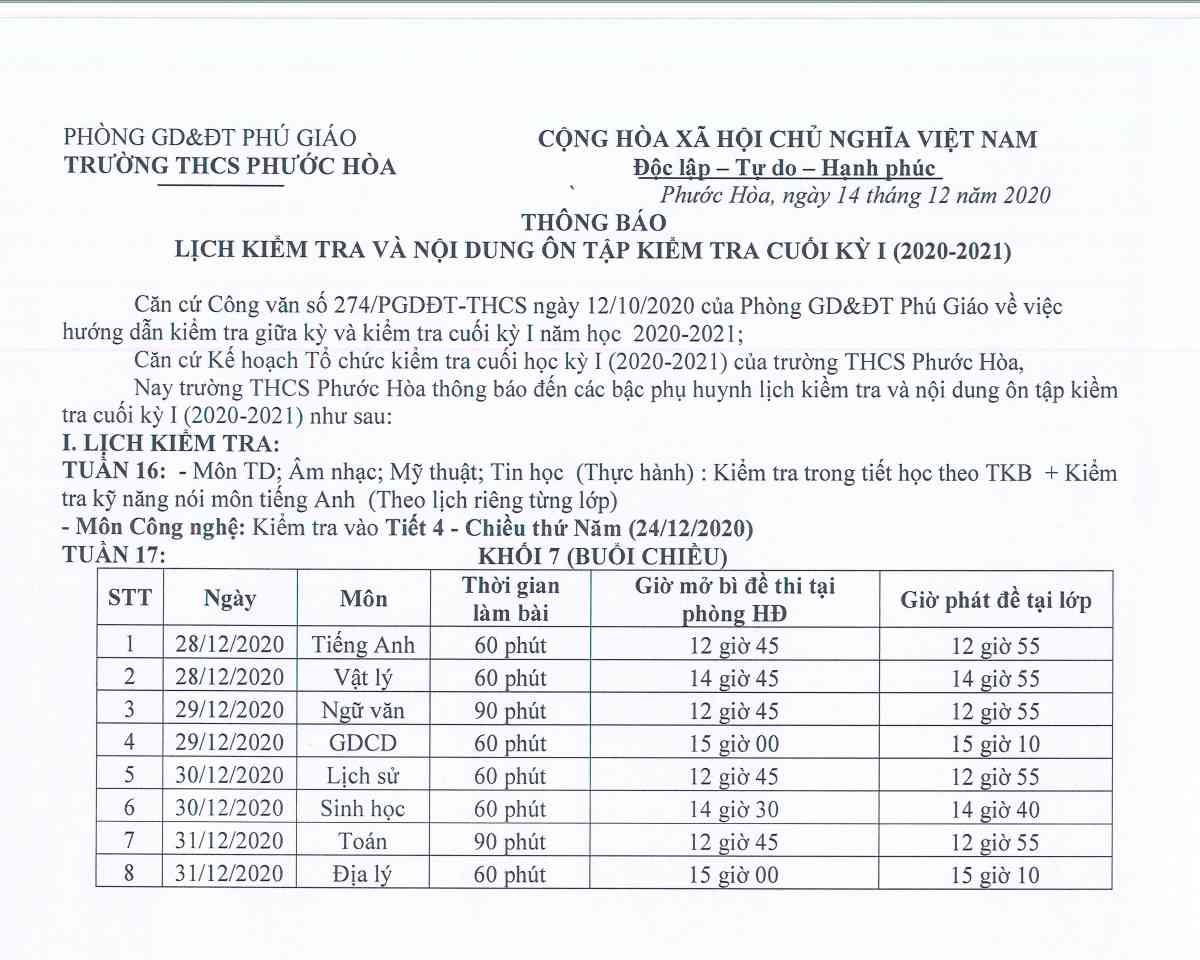 Lịch thi HK1 khối 71