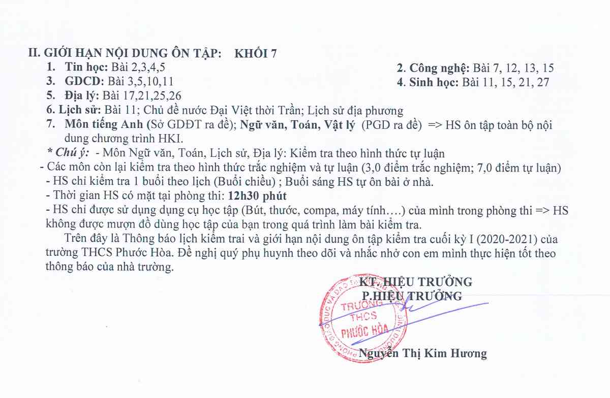 Lịch thi HK1 khối 72
